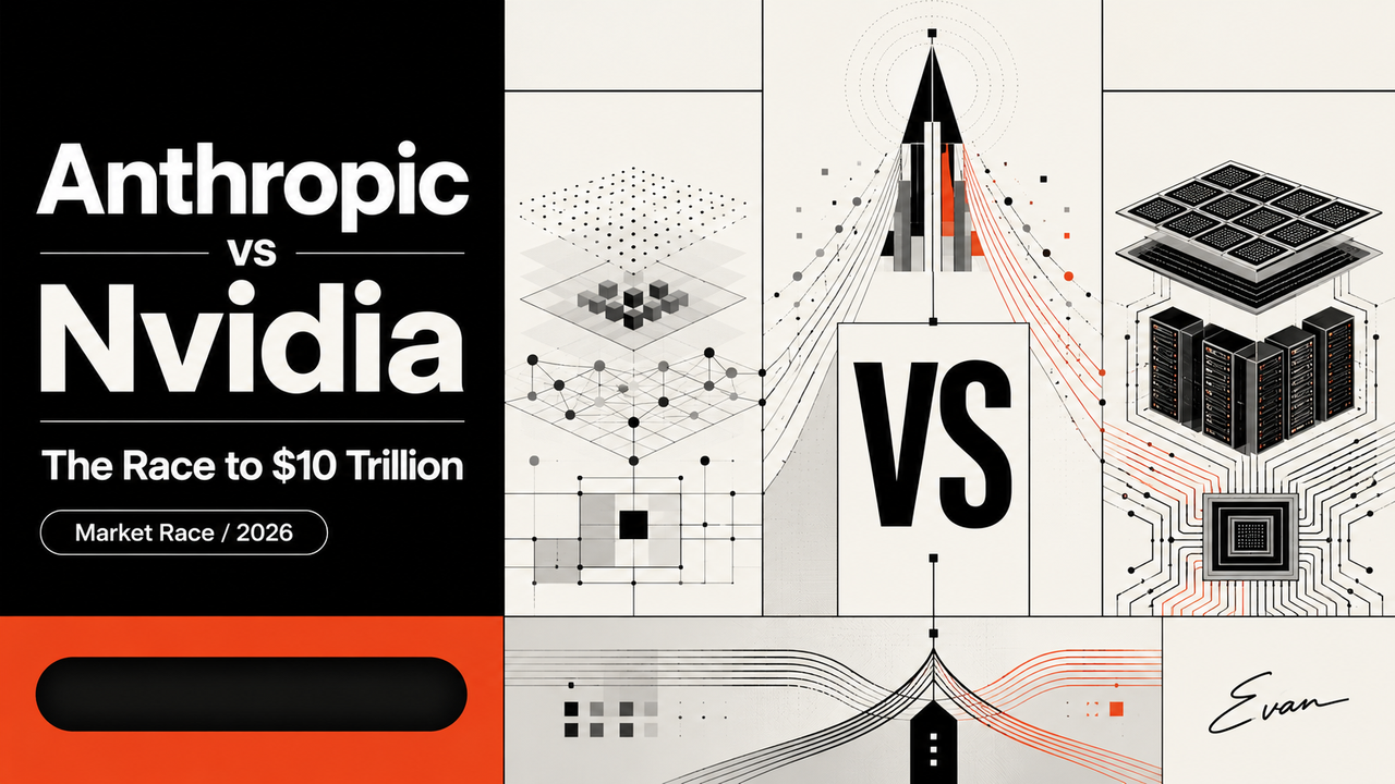 A conceptual infographic exploring the competitive landscape of Anthropic vs Nvidia in the race for a ten trillion dollar valuation.