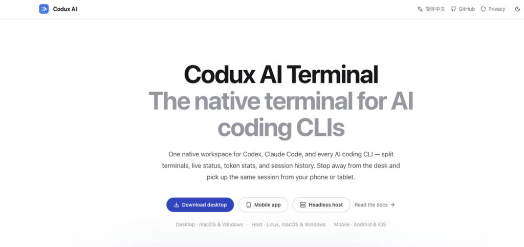 The Codux platform interface, a native terminal for AI coding CLIs, managing session history, tokens, and live status updates.