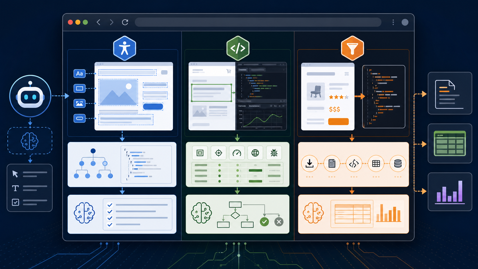 Three browser automation approaches: structured page interaction, DevTools diagnostics, and extraction pipelines.