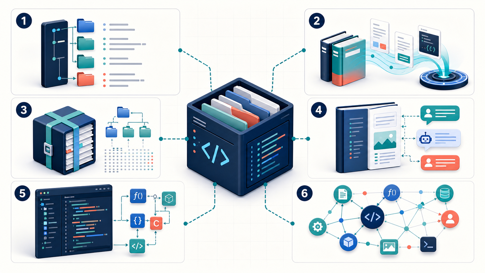 Six original visual models for supplying repository and documentation context to an AI coding assistant