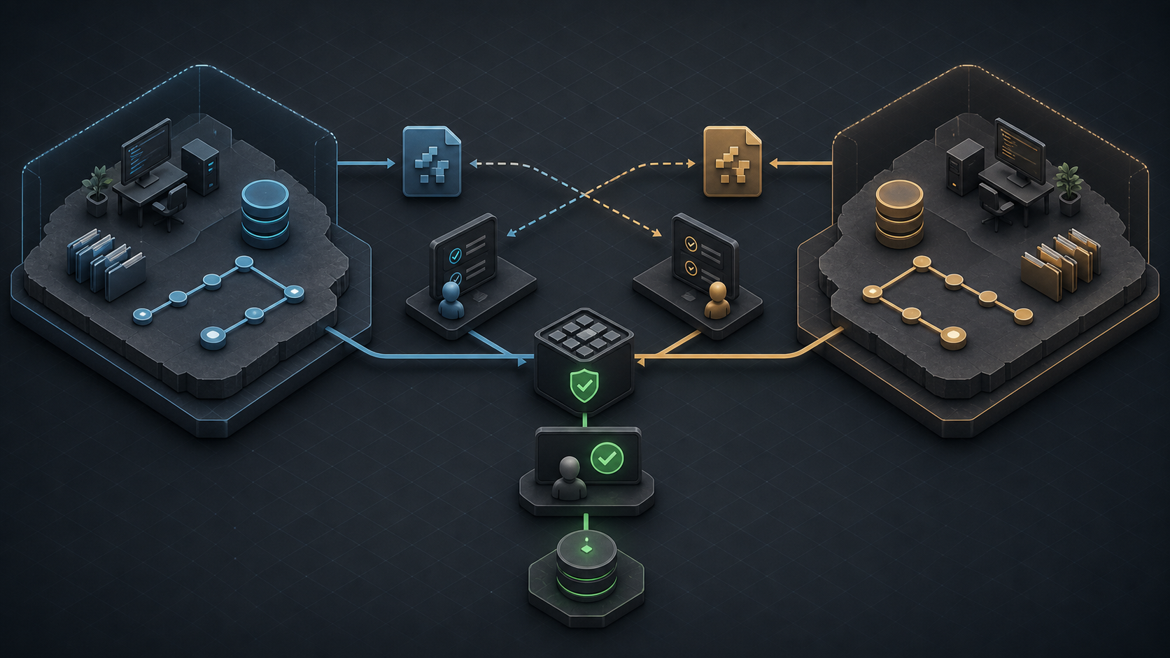 Two isolated coding worktrees exchanging patches for cross-review before a central test and human approval gate