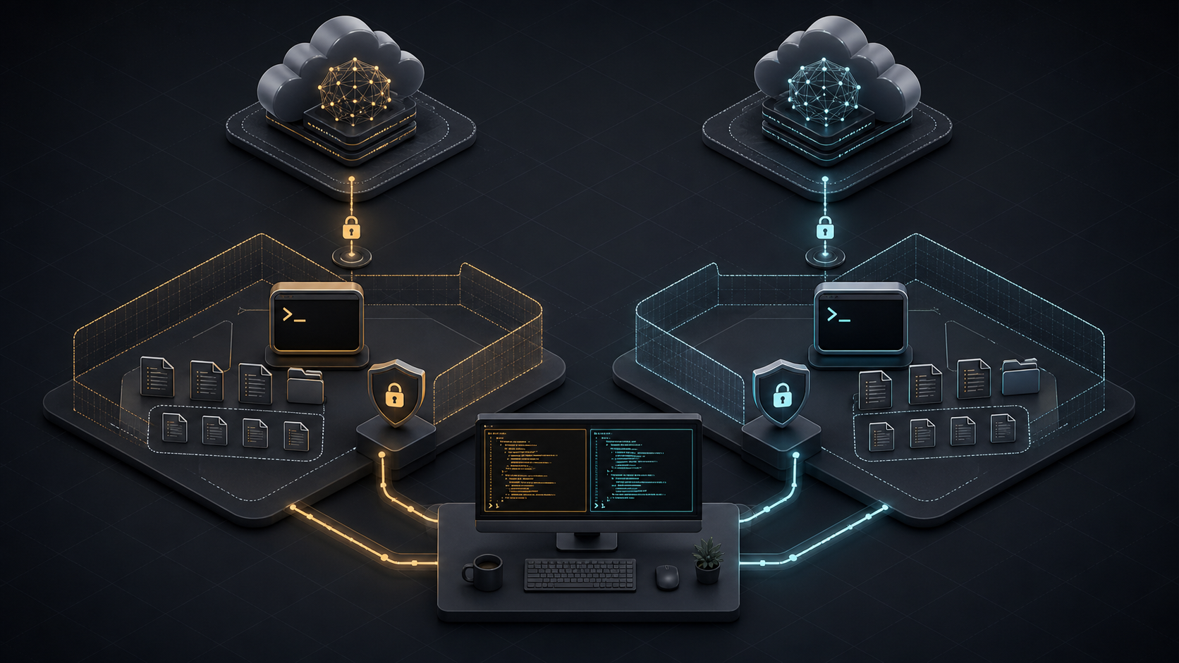 Two neutral local coding CLI environments connecting through protected boundaries to remote model inference