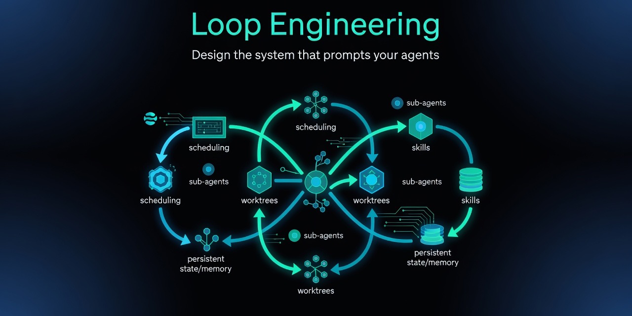 Loop Engineering system overview showing scheduling, worktrees, sub-agents, skills, and persistent state in a feedback loop.